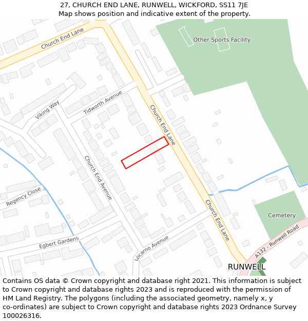 27, CHURCH END LANE, RUNWELL, WICKFORD, SS11 7JE: Location map and indicative extent of plot
