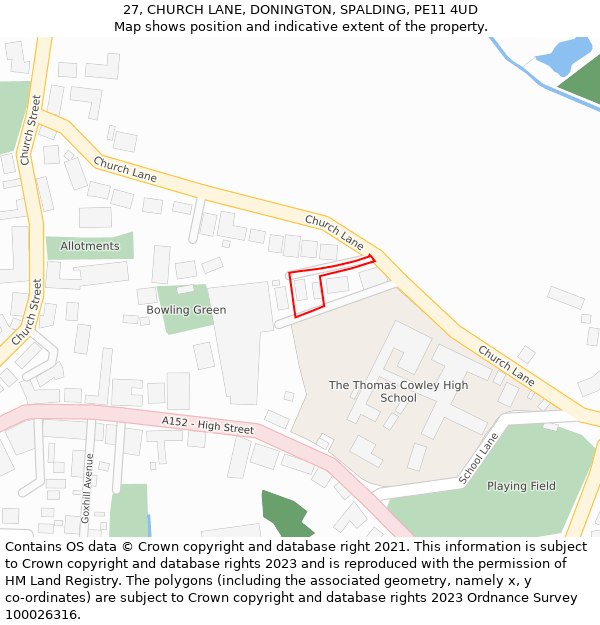 27, CHURCH LANE, DONINGTON, SPALDING, PE11 4UD: Location map and indicative extent of plot