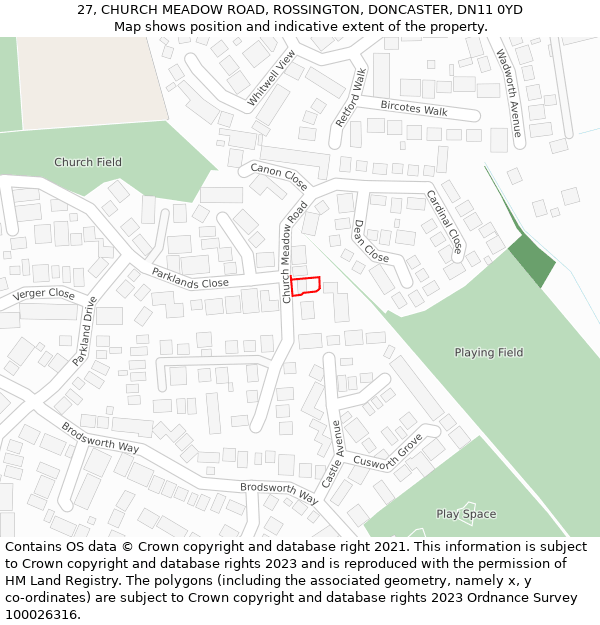 27, CHURCH MEADOW ROAD, ROSSINGTON, DONCASTER, DN11 0YD: Location map and indicative extent of plot