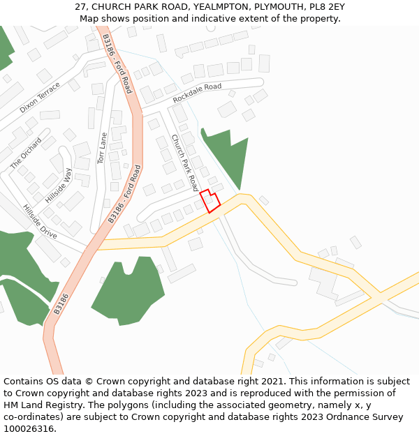 27, CHURCH PARK ROAD, YEALMPTON, PLYMOUTH, PL8 2EY: Location map and indicative extent of plot