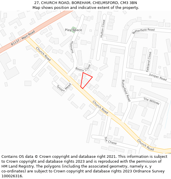 27, CHURCH ROAD, BOREHAM, CHELMSFORD, CM3 3BN: Location map and indicative extent of plot