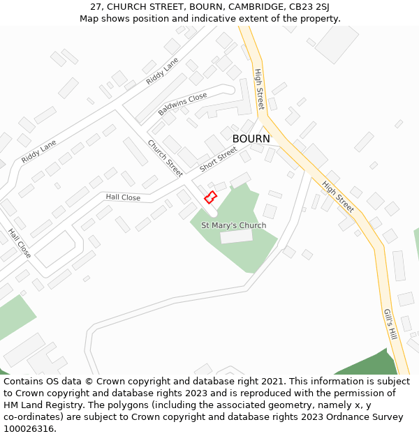 27, CHURCH STREET, BOURN, CAMBRIDGE, CB23 2SJ: Location map and indicative extent of plot