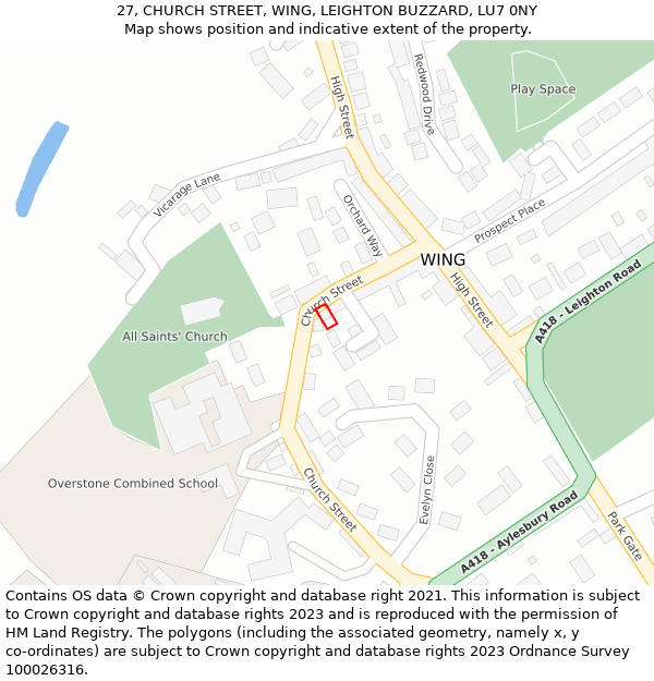 27, CHURCH STREET, WING, LEIGHTON BUZZARD, LU7 0NY: Location map and indicative extent of plot