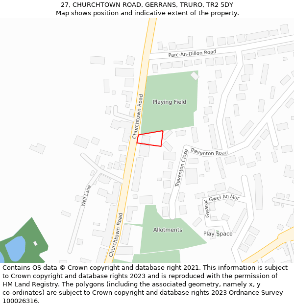27, CHURCHTOWN ROAD, GERRANS, TRURO, TR2 5DY: Location map and indicative extent of plot