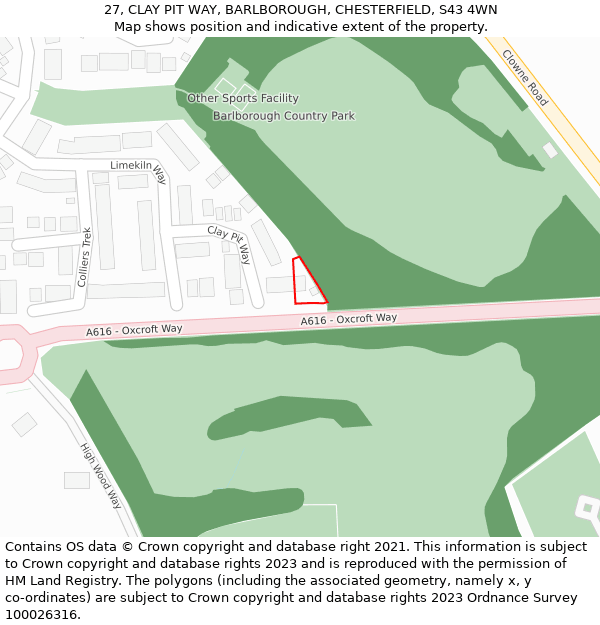 27, CLAY PIT WAY, BARLBOROUGH, CHESTERFIELD, S43 4WN: Location map and indicative extent of plot