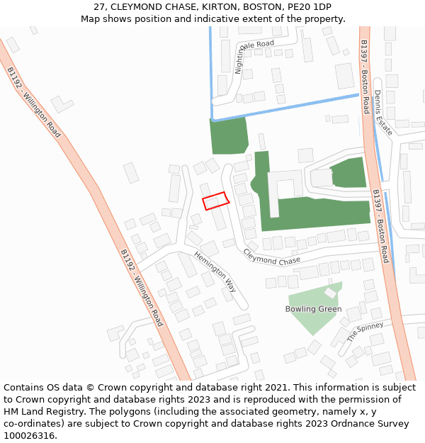 27, CLEYMOND CHASE, KIRTON, BOSTON, PE20 1DP: Location map and indicative extent of plot