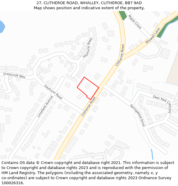 27, CLITHEROE ROAD, WHALLEY, CLITHEROE, BB7 9AD: Location map and indicative extent of plot