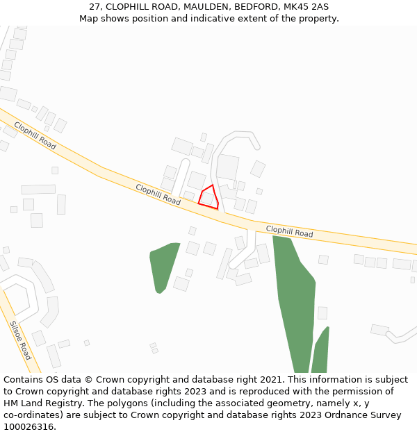 27, CLOPHILL ROAD, MAULDEN, BEDFORD, MK45 2AS: Location map and indicative extent of plot