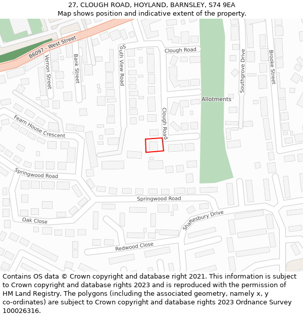 27, CLOUGH ROAD, HOYLAND, BARNSLEY, S74 9EA: Location map and indicative extent of plot