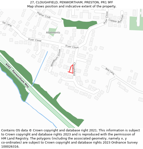 27, CLOUGHFIELD, PENWORTHAM, PRESTON, PR1 9FF: Location map and indicative extent of plot