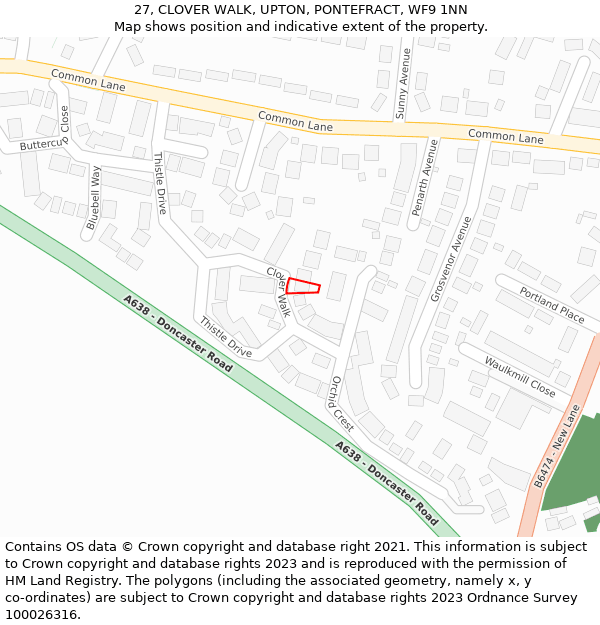 27, CLOVER WALK, UPTON, PONTEFRACT, WF9 1NN: Location map and indicative extent of plot