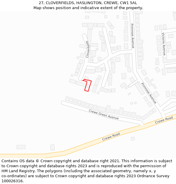 27, CLOVERFIELDS, HASLINGTON, CREWE, CW1 5AL: Location map and indicative extent of plot