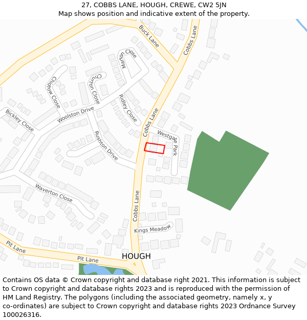 27, COBBS LANE, HOUGH, CREWE, CW2 5JN: Location map and indicative extent of plot