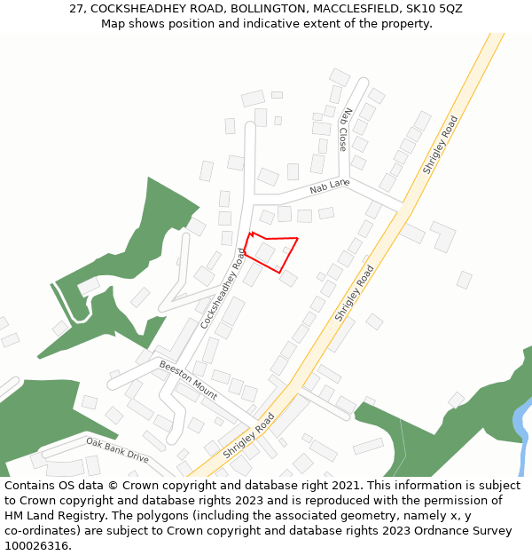 27, COCKSHEADHEY ROAD, BOLLINGTON, MACCLESFIELD, SK10 5QZ: Location map and indicative extent of plot