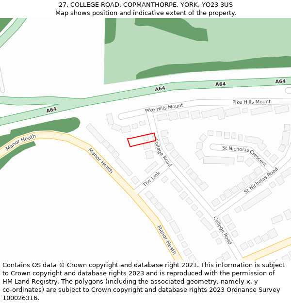 27, COLLEGE ROAD, COPMANTHORPE, YORK, YO23 3US: Location map and indicative extent of plot