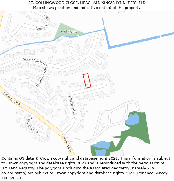 27, COLLINGWOOD CLOSE, HEACHAM, KING'S LYNN, PE31 7LD: Location map and indicative extent of plot