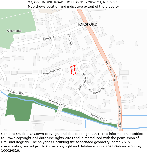 27, COLUMBINE ROAD, HORSFORD, NORWICH, NR10 3RT: Location map and indicative extent of plot