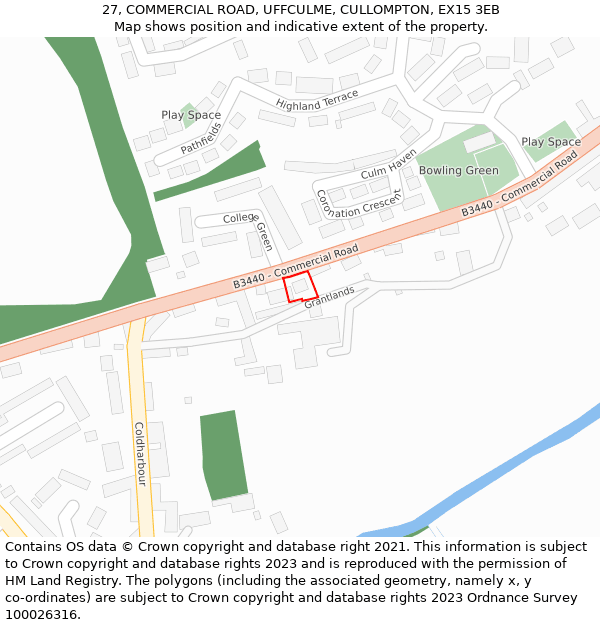 27, COMMERCIAL ROAD, UFFCULME, CULLOMPTON, EX15 3EB: Location map and indicative extent of plot