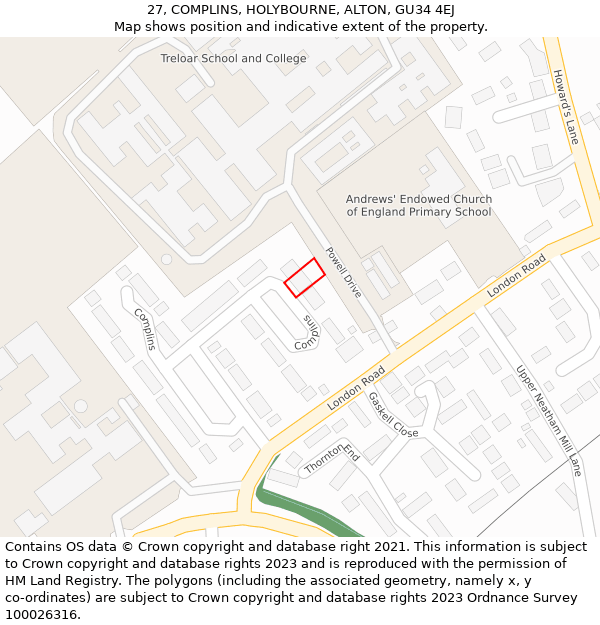 27, COMPLINS, HOLYBOURNE, ALTON, GU34 4EJ: Location map and indicative extent of plot