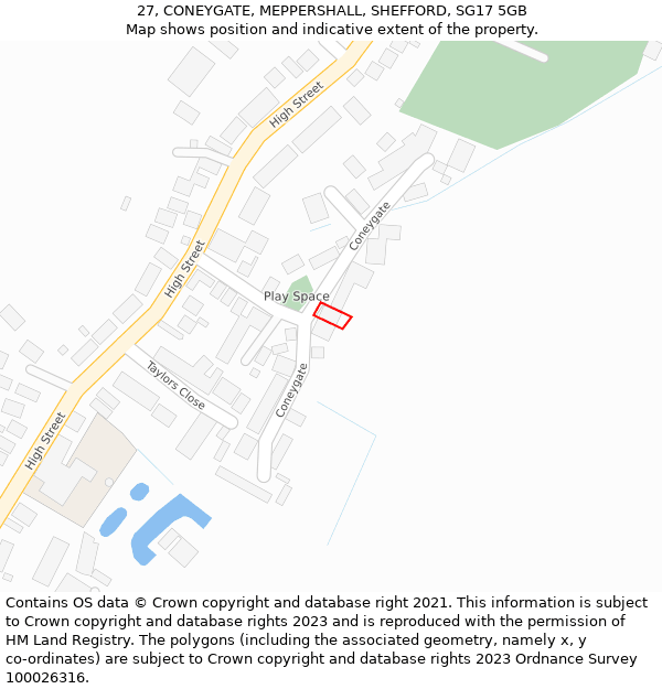 27, CONEYGATE, MEPPERSHALL, SHEFFORD, SG17 5GB: Location map and indicative extent of plot