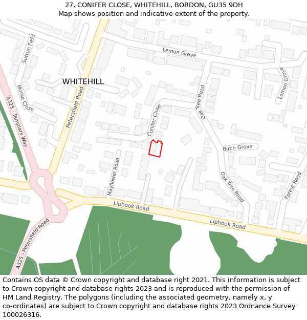 27, CONIFER CLOSE, WHITEHILL, BORDON, GU35 9DH: Location map and indicative extent of plot