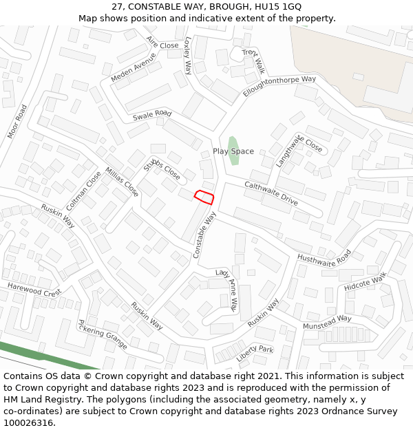 27, CONSTABLE WAY, BROUGH, HU15 1GQ: Location map and indicative extent of plot