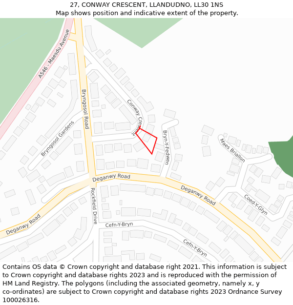 27, CONWAY CRESCENT, LLANDUDNO, LL30 1NS: Location map and indicative extent of plot