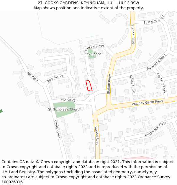 27, COOKS GARDENS, KEYINGHAM, HULL, HU12 9SW: Location map and indicative extent of plot