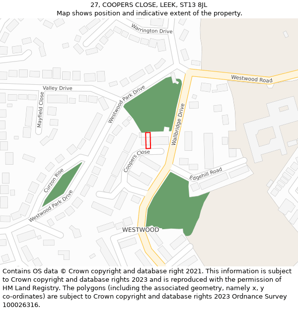 27, COOPERS CLOSE, LEEK, ST13 8JL: Location map and indicative extent of plot