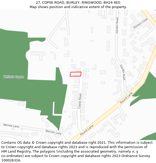 27, COPSE ROAD, BURLEY, RINGWOOD, BH24 4EG: Location map and indicative extent of plot