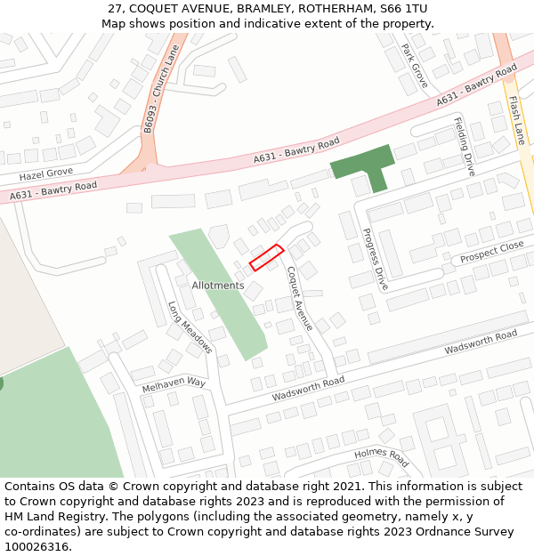 27, COQUET AVENUE, BRAMLEY, ROTHERHAM, S66 1TU: Location map and indicative extent of plot