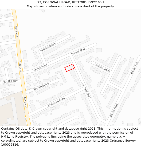 27, CORNWALL ROAD, RETFORD, DN22 6SH: Location map and indicative extent of plot