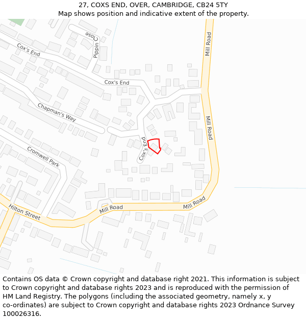 27, COXS END, OVER, CAMBRIDGE, CB24 5TY: Location map and indicative extent of plot