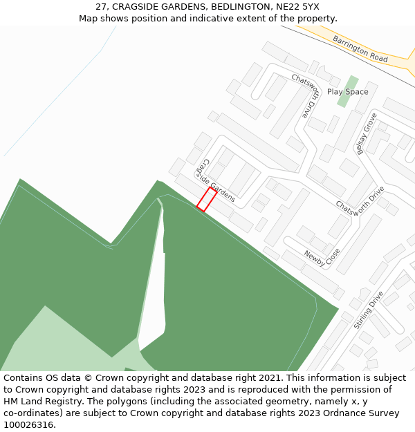 27, CRAGSIDE GARDENS, BEDLINGTON, NE22 5YX: Location map and indicative extent of plot