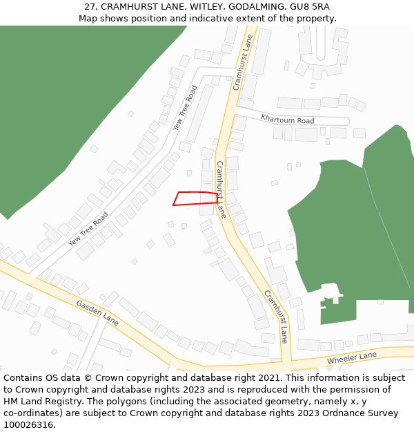 27, CRAMHURST LANE, WITLEY, GODALMING, GU8 5RA: Location map and indicative extent of plot