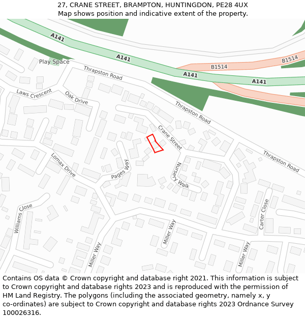 27, CRANE STREET, BRAMPTON, HUNTINGDON, PE28 4UX: Location map and indicative extent of plot