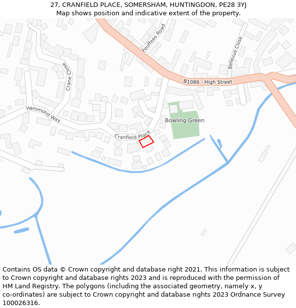 27, CRANFIELD PLACE, SOMERSHAM, HUNTINGDON, PE28 3YJ: Location map and indicative extent of plot