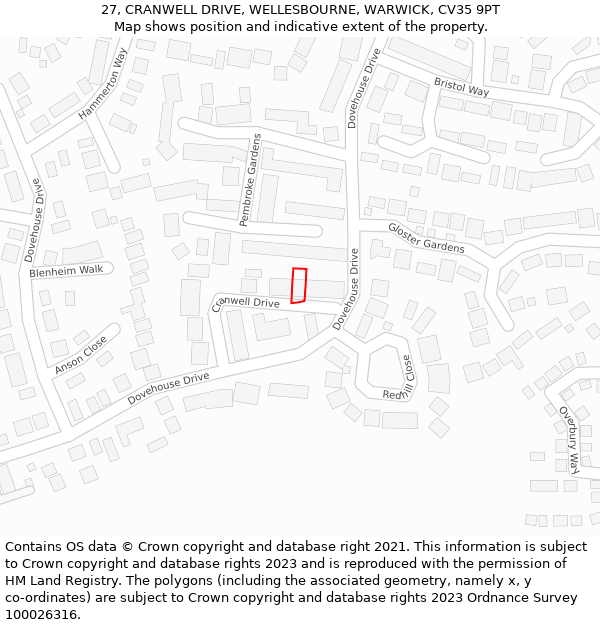 27, CRANWELL DRIVE, WELLESBOURNE, WARWICK, CV35 9PT: Location map and indicative extent of plot