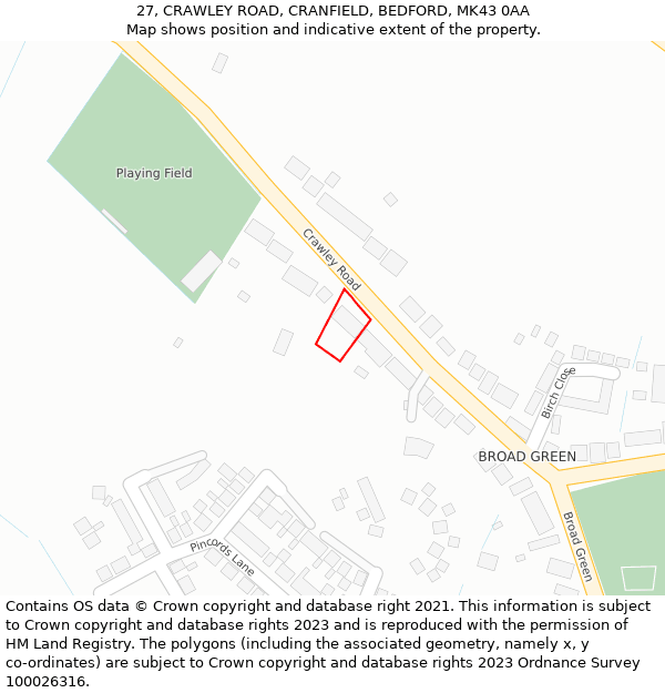 27, CRAWLEY ROAD, CRANFIELD, BEDFORD, MK43 0AA: Location map and indicative extent of plot