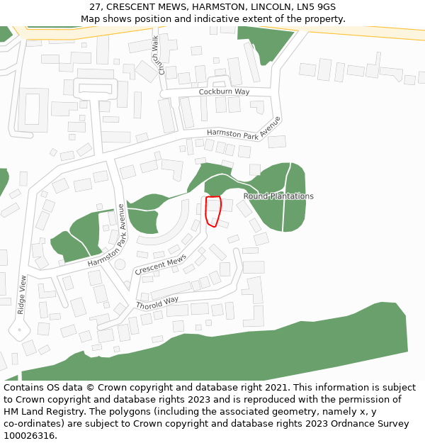 27, CRESCENT MEWS, HARMSTON, LINCOLN, LN5 9GS: Location map and indicative extent of plot