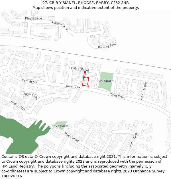 27, CRIB Y SIANEL, RHOOSE, BARRY, CF62 3NB: Location map and indicative extent of plot