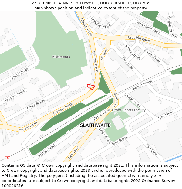 27, CRIMBLE BANK, SLAITHWAITE, HUDDERSFIELD, HD7 5BS: Location map and indicative extent of plot