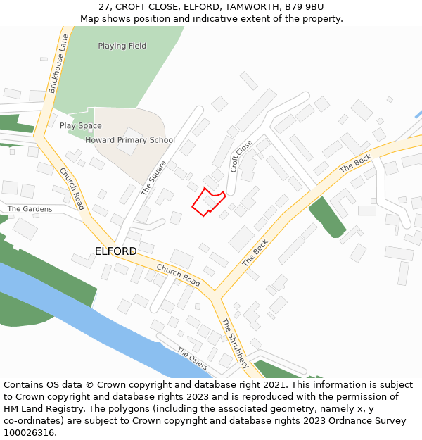 27, CROFT CLOSE, ELFORD, TAMWORTH, B79 9BU: Location map and indicative extent of plot