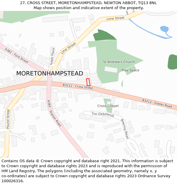 27, CROSS STREET, MORETONHAMPSTEAD, NEWTON ABBOT, TQ13 8NL: Location map and indicative extent of plot