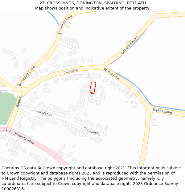 27, CROSSLANDS, DONINGTON, SPALDING, PE11 4TU: Location map and indicative extent of plot