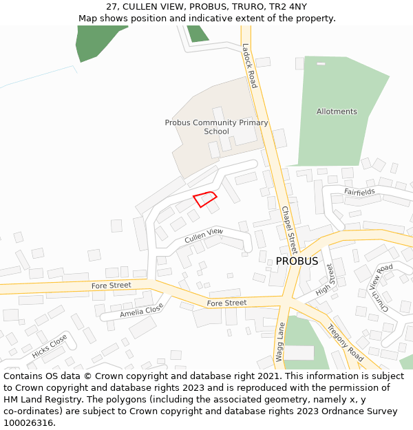 27, CULLEN VIEW, PROBUS, TRURO, TR2 4NY: Location map and indicative extent of plot