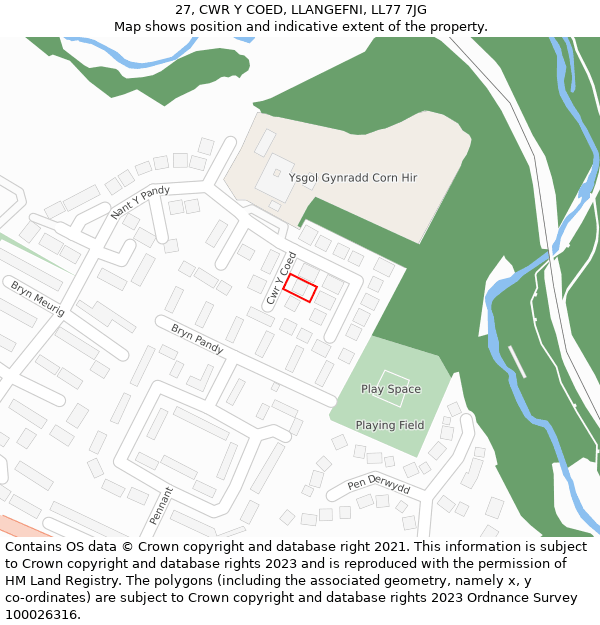 27, CWR Y COED, LLANGEFNI, LL77 7JG: Location map and indicative extent of plot