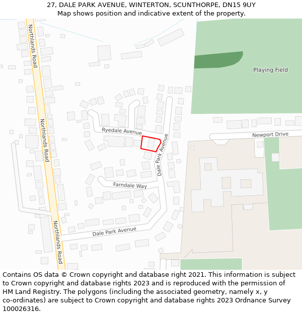 27, DALE PARK AVENUE, WINTERTON, SCUNTHORPE, DN15 9UY: Location map and indicative extent of plot