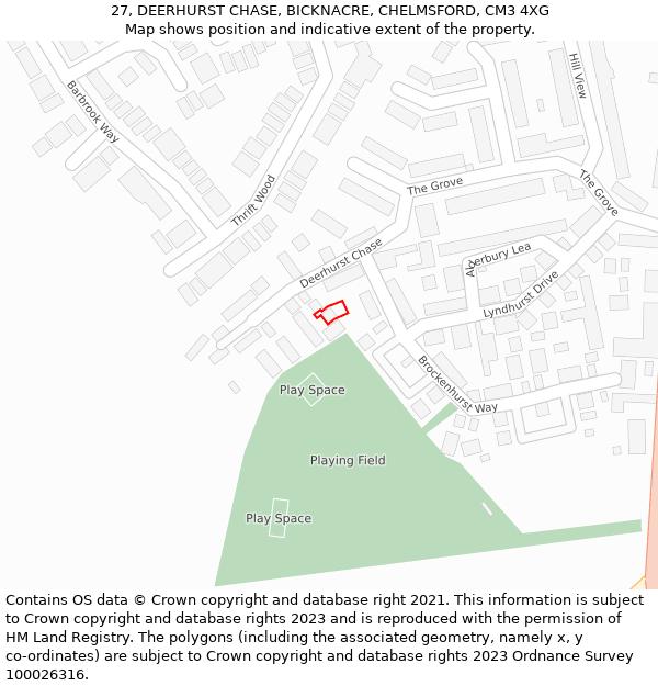 27, DEERHURST CHASE, BICKNACRE, CHELMSFORD, CM3 4XG: Location map and indicative extent of plot