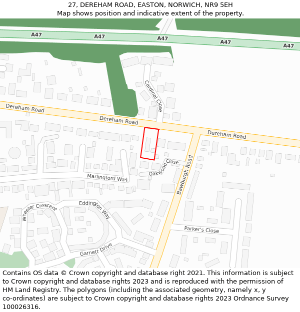 27, DEREHAM ROAD, EASTON, NORWICH, NR9 5EH: Location map and indicative extent of plot